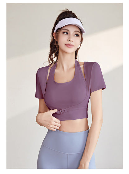 Women's Halter Neck Yoga Short Sleeve – Built-in Bra, Slim Fit Sports Top for Workout & Fitness