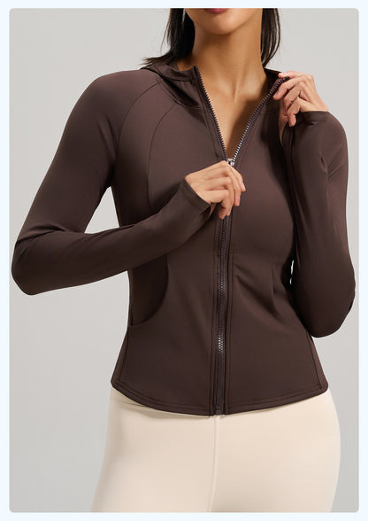 Women's New Spring Hooded Yoga Jacket with Pockets, Slim Fit Workout Sports Coat