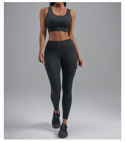 Brushed Cargo Pocket Yoga Pants, Women's Peach Hip Tight Quick Dry Butt Lifting Sports Fitness Leggings