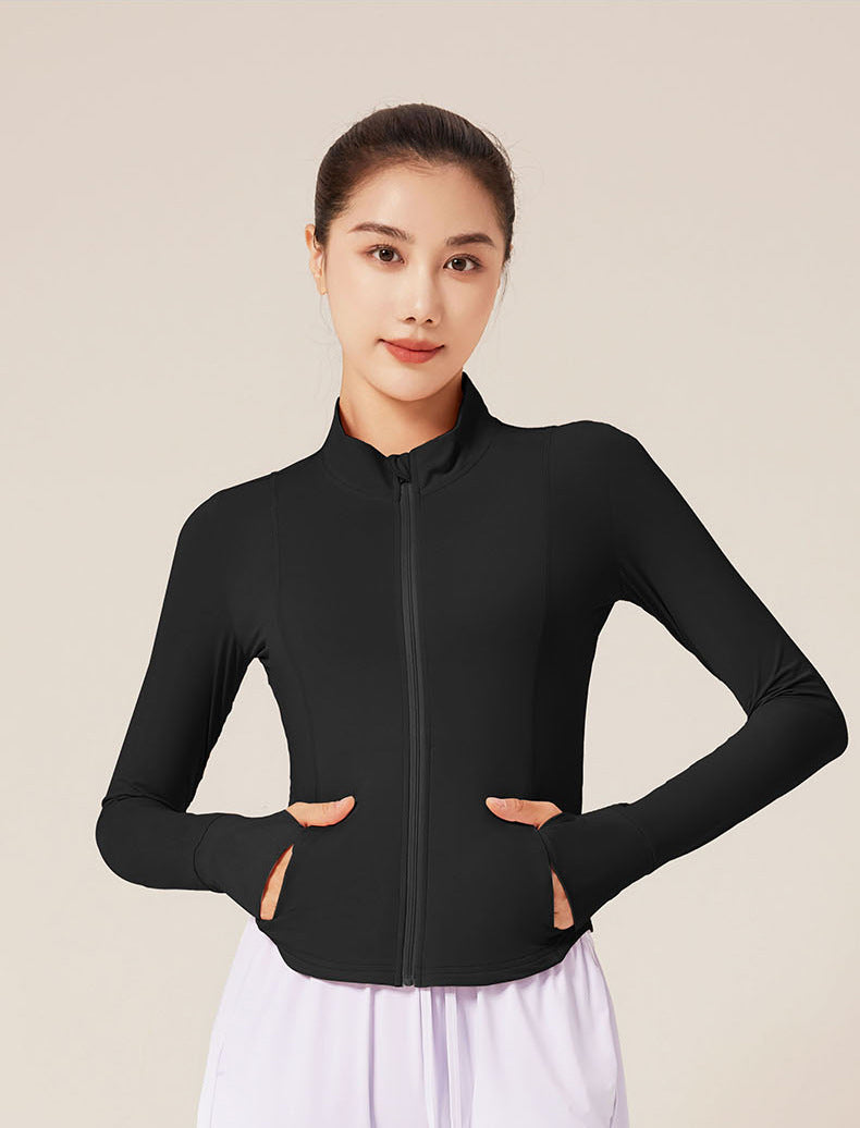 Women's Slim Stand Collar UV Protection Jacket, Summer Breathable Raw Yarn Sunscreen Top, Slim Fit No Hat Yoga Sports Coat