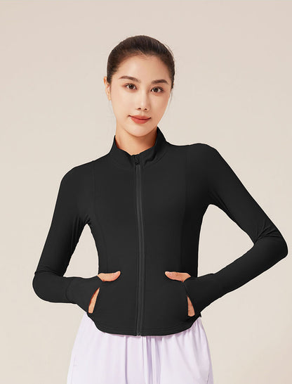 Women's Slim Stand Collar UV Protection Jacket, Summer Breathable Raw Yarn Sunscreen Top, Slim Fit No Hat Yoga Sports Coat
