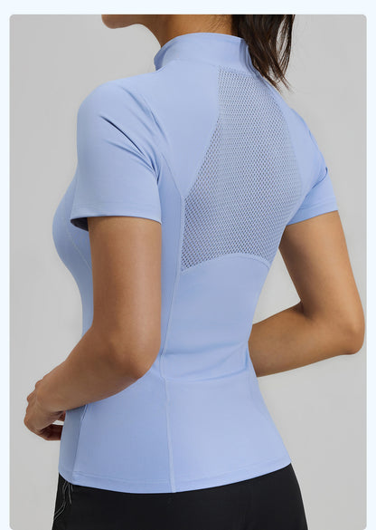 New Summer Women Half-Zip Yoga Short Sleeve T-Shirt, Slim Fit High-Stretch Breathable Fitness Athletic Top, Sweat-Wicking Sport Tee for Outdoor Running, Gym Training & Daily Workout