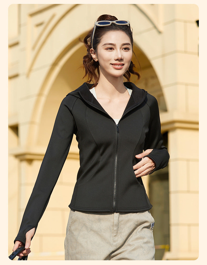 Women's New Winter Fleece Lined Thick Yoga Jacket, Slim Fit Zip Up, Windproof Hooded Sports Coat