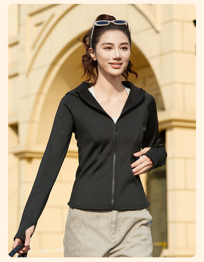 Women's New Winter Fleece Lined Thick Yoga Jacket, Slim Fit Zip Up, Windproof Hooded Sports Coat