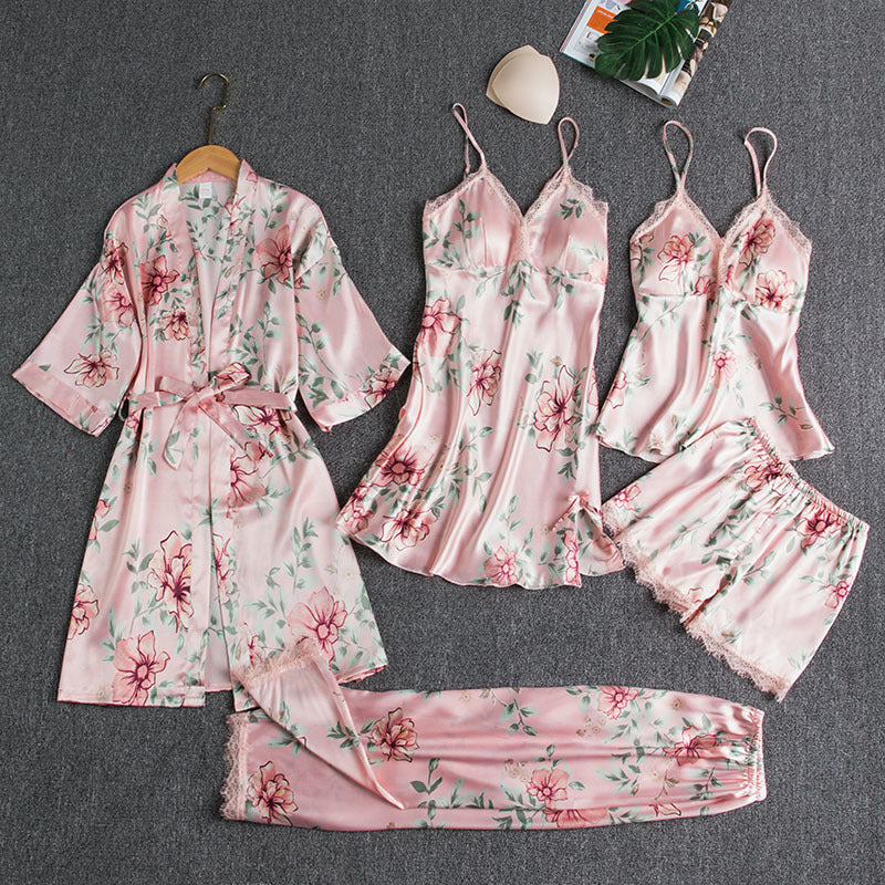 Girls' Battleship Spring/Summer sleepwear, Women's Sensual Five-Piece Silk Thin Nightgown with Padded Bra