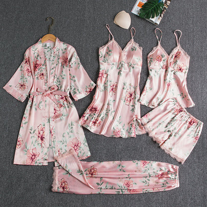 Girls' Battleship Spring/Summer sleepwear, Women's Sensual Five-Piece Silk Thin Nightgown with Padded Bra