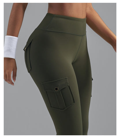 Brushed Cargo Pocket Yoga Pants, Women's Peach Hip Tight Quick Dry Butt Lifting Sports Fitness Leggings