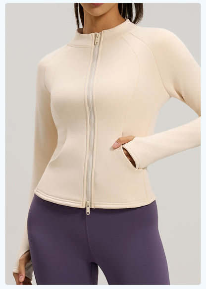 Peach Velvet Stand Collar Coat, Autumn Winter New Arrival, Fleece Lined Thickened Warm Yoga Jacket with Pockets