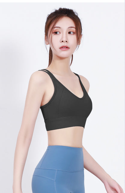 Women's V-Neck Padded Sports Bra Crisscross Back Adjustable Hook Closure Anti-Side Bulge Yoga Tank Top