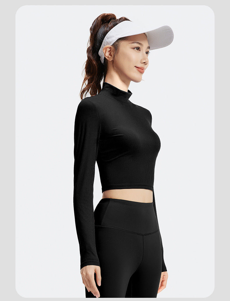 Women's Mock Neck Long Sleeve Yoga Top, Striped & Solid Color, Slim Fit, Breathable High Stretch Workout Shirt