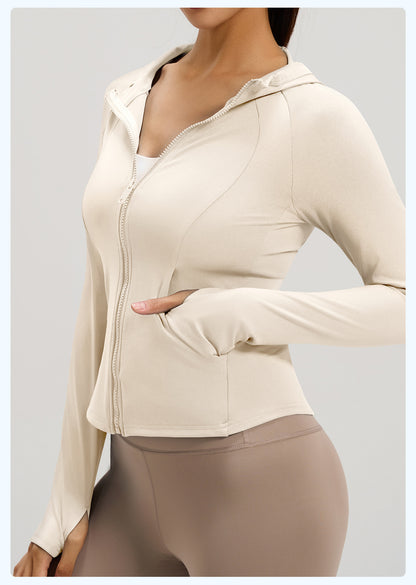 Women's New Spring Hooded Yoga Jacket with Pockets, Slim Fit Workout Sports Coat