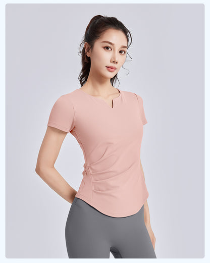 New Summer Women V-Neck Ruched Yoga Short Sleeve Top with Built-in Shelf Bra, Slim Fit Stretch Sports Fitness T-Shirt, Sweat-Wicking Athletic Tee for Running, Gym Training & Daily Active Wear