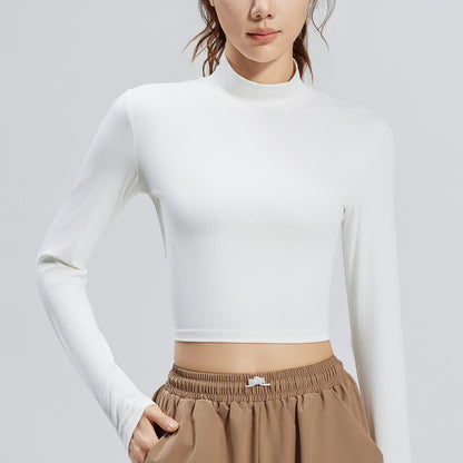 Women's Mock Neck Long Sleeve Yoga Top, Striped & Solid Color, Slim Fit, Breathable High Stretch Workout Shirt
