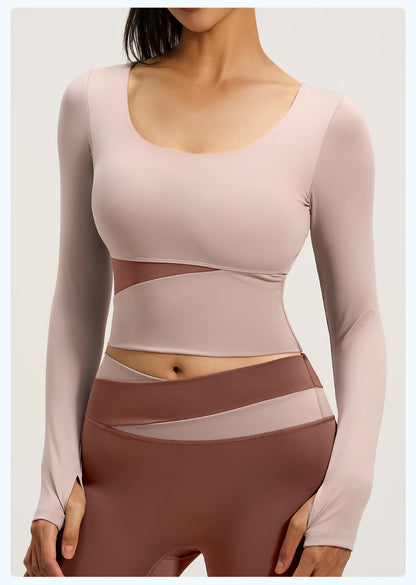 Women's Peach Color Block Long Sleeve Yoga Top, Naked Feel Slim Fit Sports Running Workout Shirt
