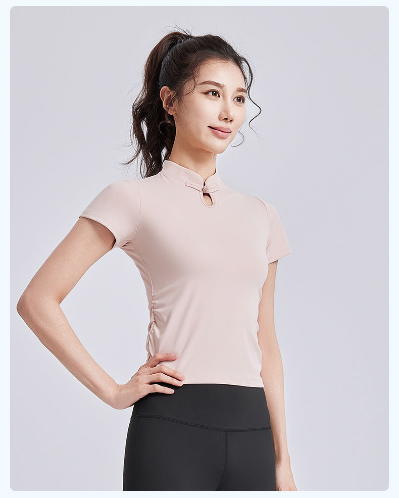 New Chinese Style Yoga Short Sleeve for Women, Frog Button Traditional Sports Top, Summer Chinese-Chic Yoga Wear
