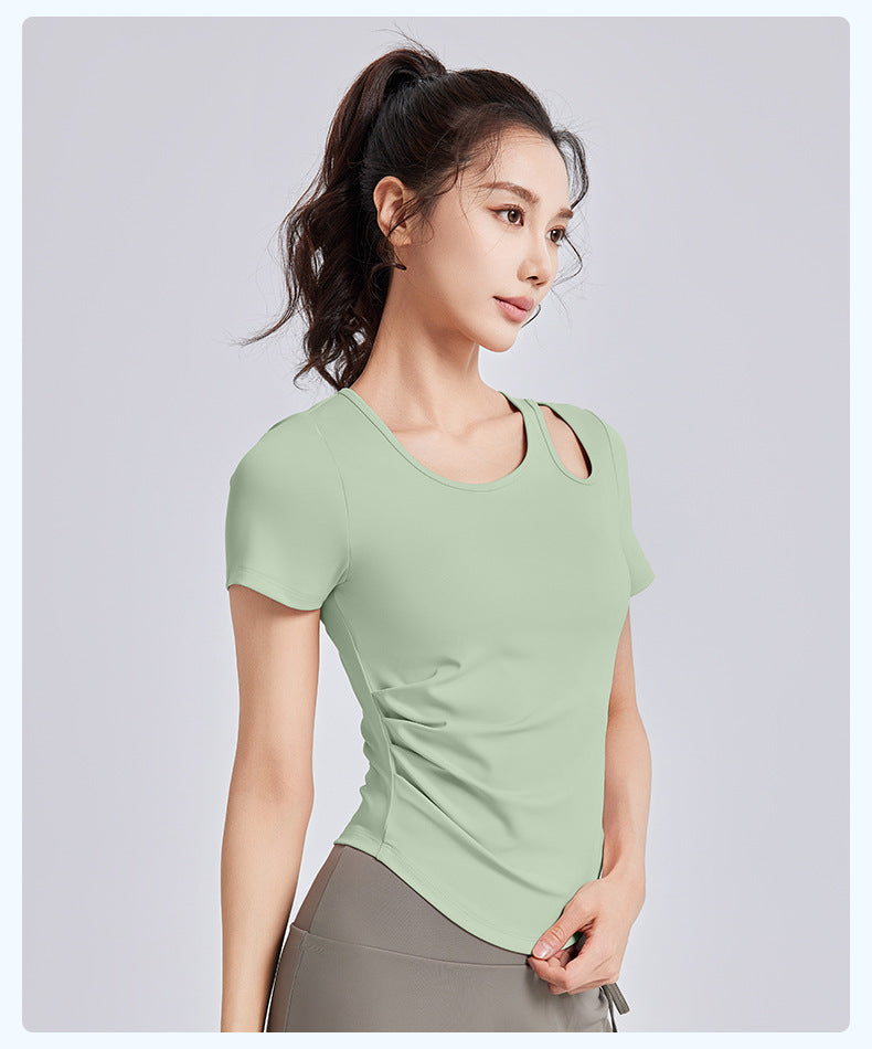 Women's Slimming Ruched Yoga Short Sleeve – Built-in One-Piece Cup Bra Pad, Summer Workout Fitness Top