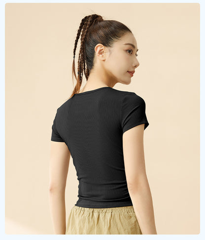 New Summer Women Striped Sports Short Sleeve T-Shirt, Breathable Slim Fit Stretch Yoga Athletic Top, Sweat-Wicking Fitness Activewear for Running, Gym Training & Daily Casual Wear