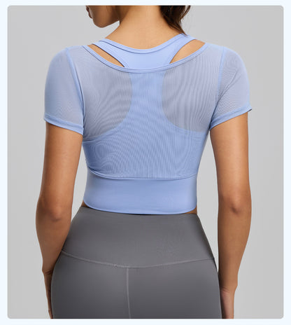 Women's Mesh Sports Short Sleeve with Built-in Bra Pad, Naked Feel, High Stretch, Summer Yoga & Running Top