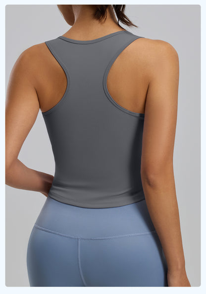 Peach Hip Yoga Tank Top, One-piece Fixed Cup Crew Neck Slim Anti-chafing Sports Vest