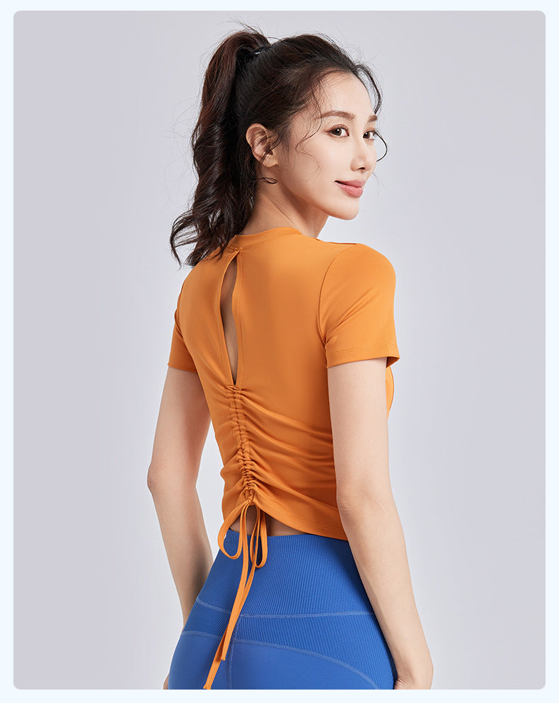 New Drawstring Ruched Yoga Crop Top for Women, Built-in Fixed Chest Pad, Slim Fit Beauty Back Sports Fitness Top