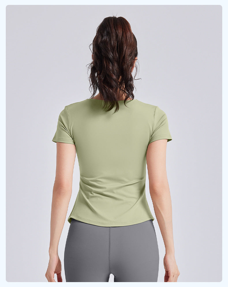 New Summer Women V-Neck Ruched Yoga Short Sleeve Top with Built-in Shelf Bra, Slim Fit Stretch Sports Fitness T-Shirt, Sweat-Wicking Athletic Tee for Running, Gym Training & Daily Active Wear