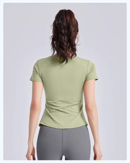 New Summer Women V-Neck Ruched Yoga Short Sleeve Top with Built-in Shelf Bra, Slim Fit Stretch Sports Fitness T-Shirt, Sweat-Wicking Athletic Tee for Running, Gym Training & Daily Active Wear