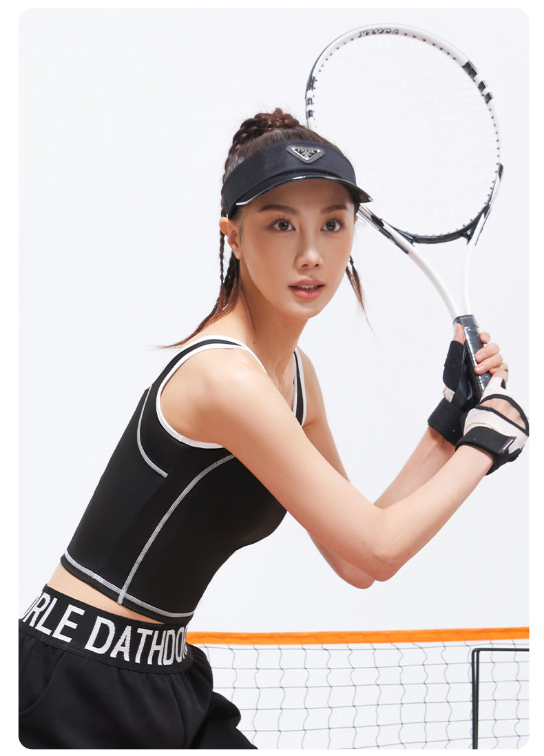 Peach Curve U-Neck Yoga Tank Top, High Stretch One-piece Fixed Cup Shockproof Push Up Color Block Sports Vest