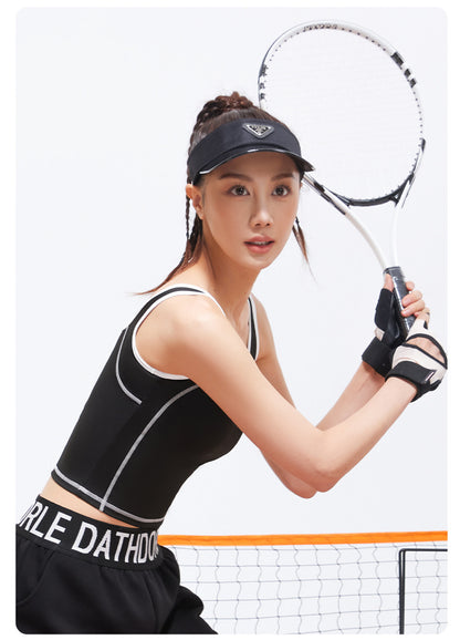 Peach Curve U-Neck Yoga Tank Top, High Stretch One-piece Fixed Cup Shockproof Push Up Color Block Sports Vest