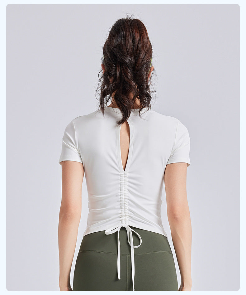 New Drawstring Ruched Yoga Crop Top for Women, Built-in Fixed Chest Pad, Slim Fit Beauty Back Sports Fitness Top
