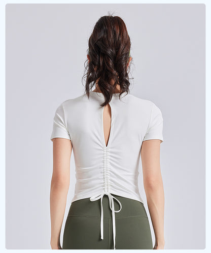 New Drawstring Ruched Yoga Crop Top for Women, Built-in Fixed Chest Pad, Slim Fit Beauty Back Sports Fitness Top