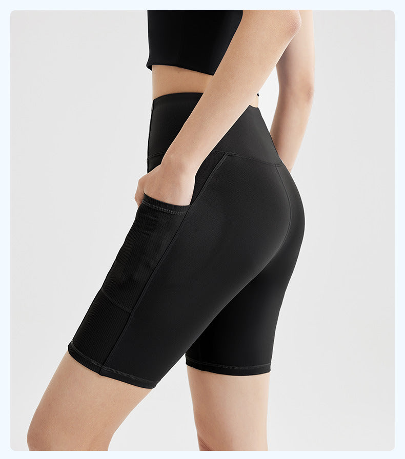 Women's Striped Yoga Shorts with Pockets, High Waist Butt Lifting Tummy Control, Workout Running Tight Yoga Pants