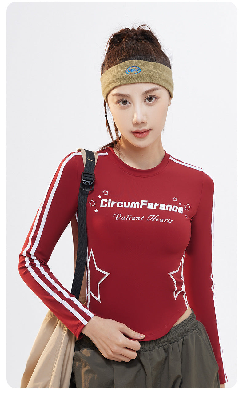Women’s Ribbon Printed Crew Neck Long Sleeve Athletic Top, American Retro Ultra Soft Plush High Stretch Sports T-Shirt