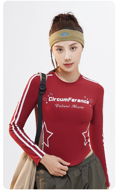 Women’s Ribbon Printed Crew Neck Long Sleeve Athletic Top, American Retro Ultra Soft Plush High Stretch Sports T-Shirt