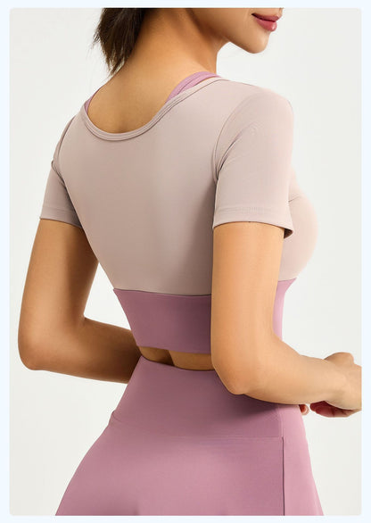 Women's Color Block Fake Two-Piece Yoga Short Sleeve, Breathable Shockproof Sports Top with Built-in Bra Pad, Fitness Workout Training Shirt