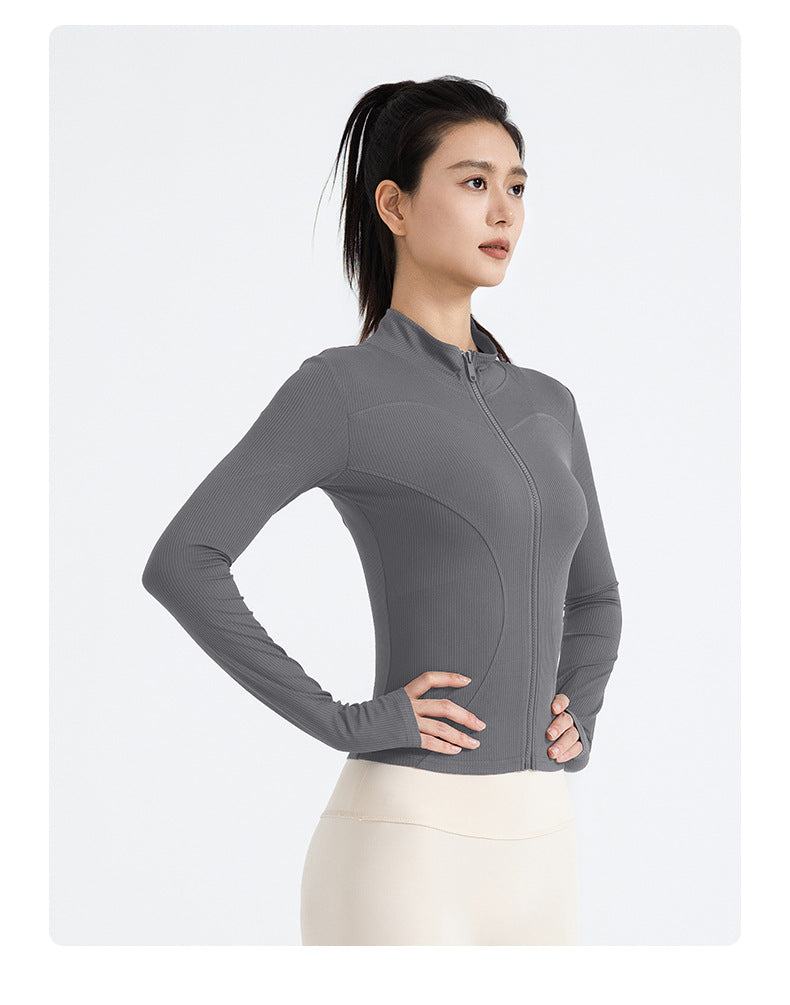 New Striped Yoga Jacket, Slim Fit Ribbed Long Sleeve, Lightweight Stretchy Sports Outerwear for Women