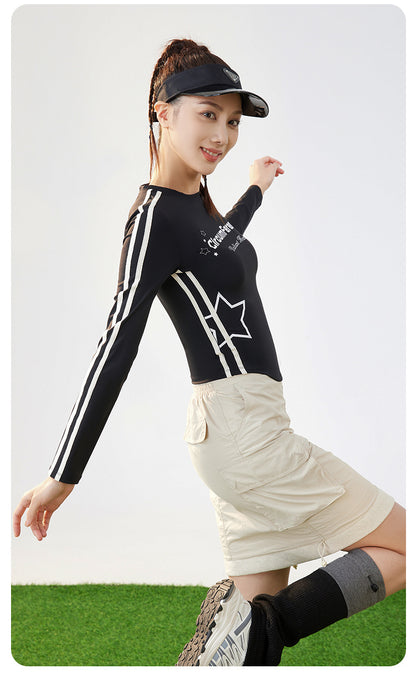 Women’s Ribbon Printed Crew Neck Long Sleeve Athletic Top, American Retro Ultra Soft Plush High Stretch Sports T-Shirt