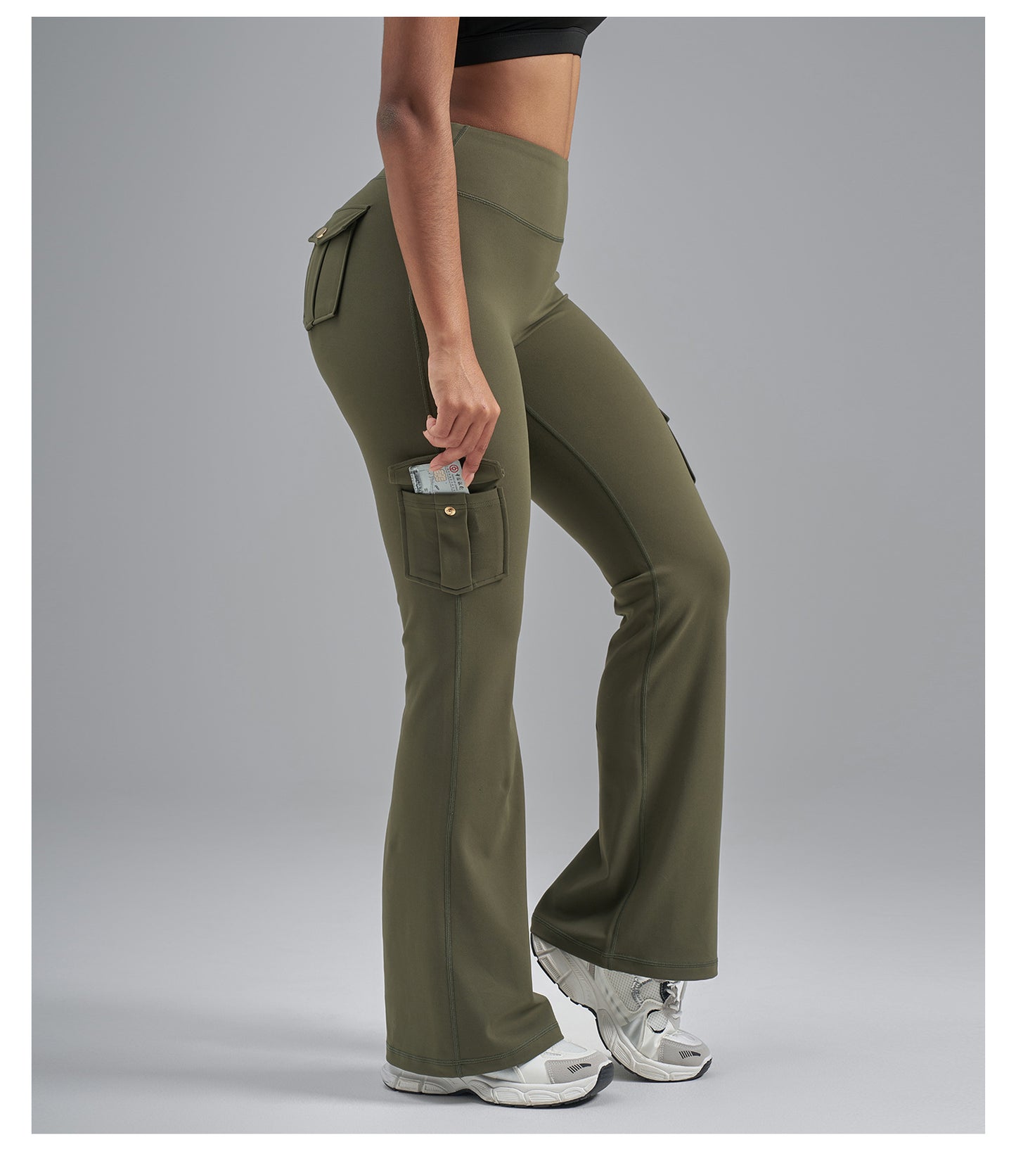 Single-Side Brushed Cargo Flare Yoga Pants, Breathable High Waist Butt Lifting Pocket Naked Feel Slim Fitness Leggings