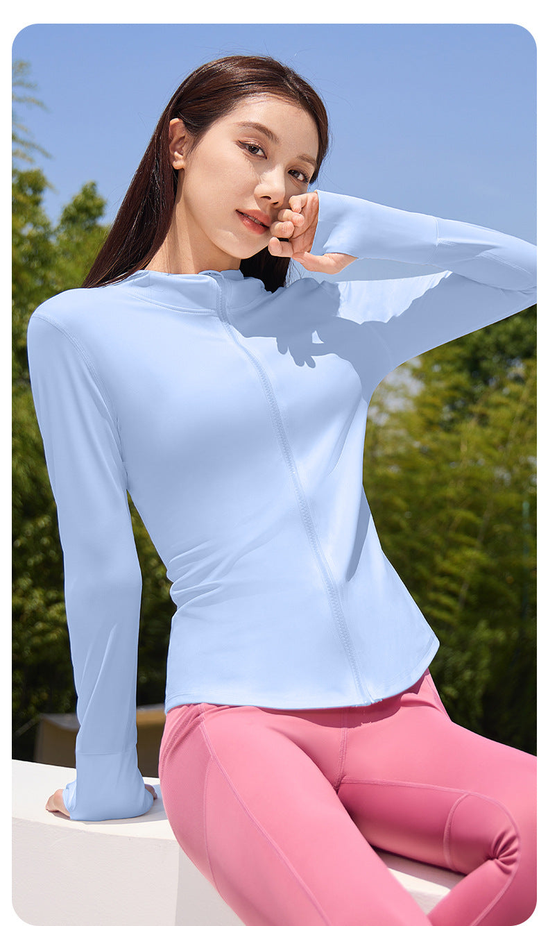 New Women’s Hooded Sports Jacket – Lightweight Breathable Long Sleeve Outdoor Yoga Coat for Cycling & Fitness
