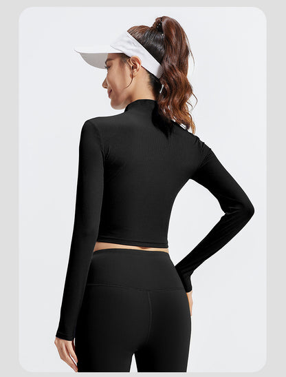 Women's Mock Neck Long Sleeve Yoga Top, Striped & Solid Color, Slim Fit, Breathable High Stretch Workout Shirt