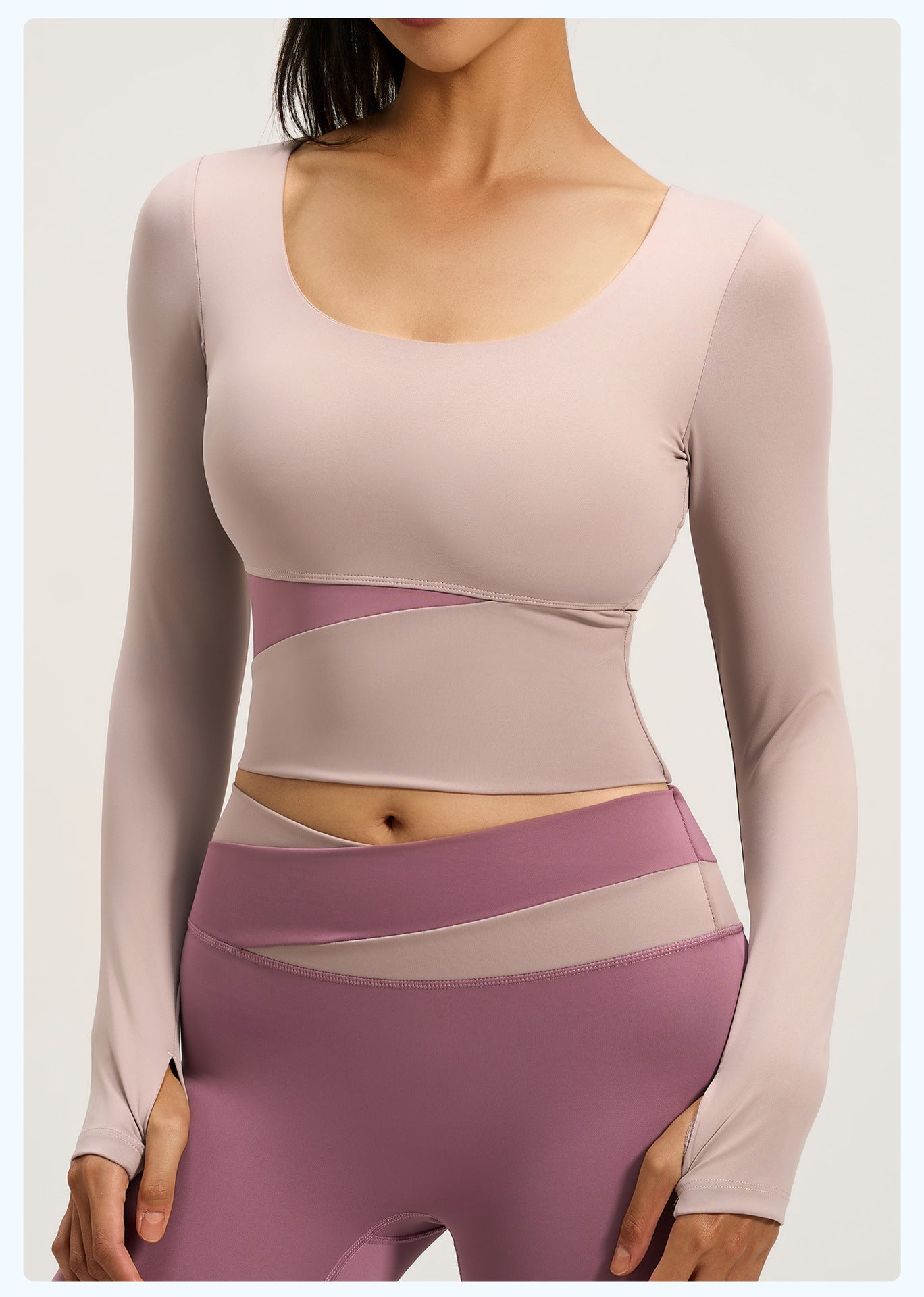 Women's Peach Color Block Long Sleeve Yoga Top, Naked Feel Slim Fit Sports Running Workout Shirt