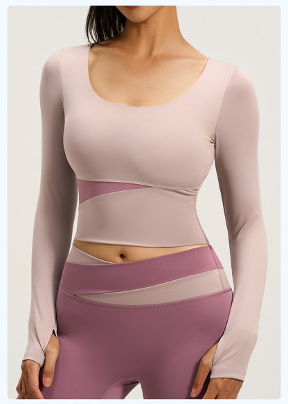 Women's Peach Color Block Long Sleeve Yoga Top, Naked Feel Slim Fit Sports Running Workout Shirt