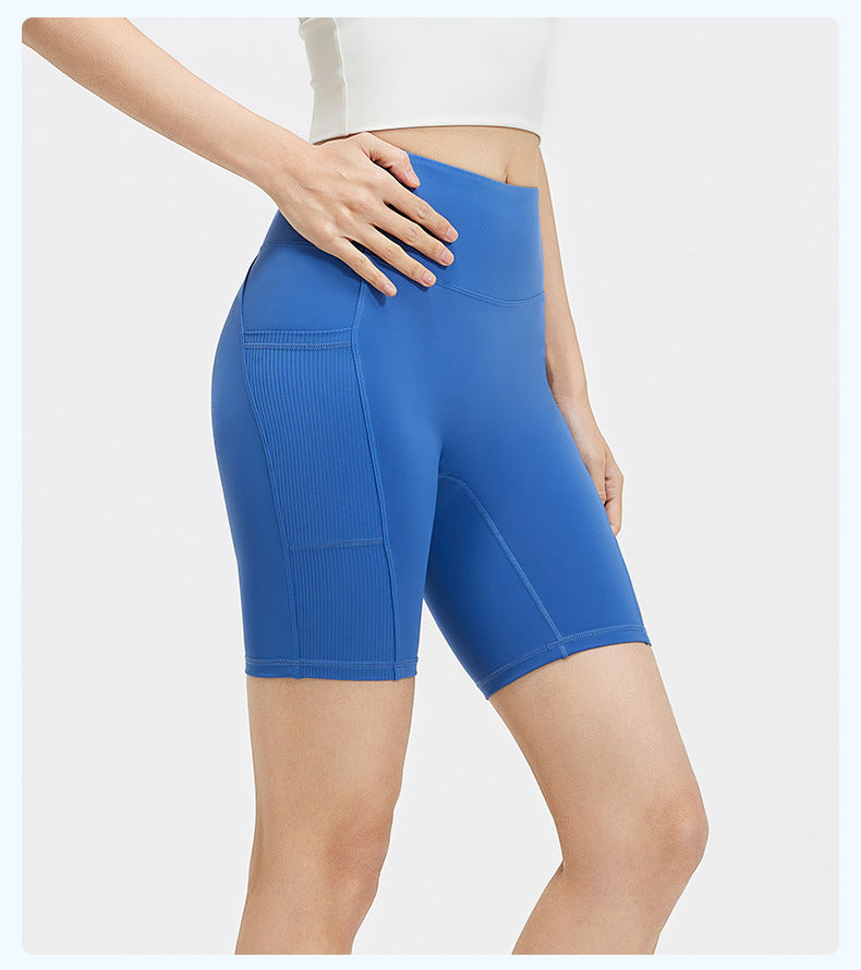 Women's Striped Yoga Shorts with Pockets, High Waist Butt Lifting Tummy Control, Workout Running Tight Yoga Pants