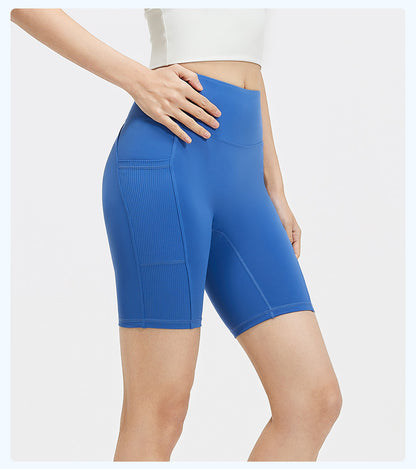 Women's Striped Yoga Shorts with Pockets, High Waist Butt Lifting Tummy Control, Workout Running Tight Yoga Pants