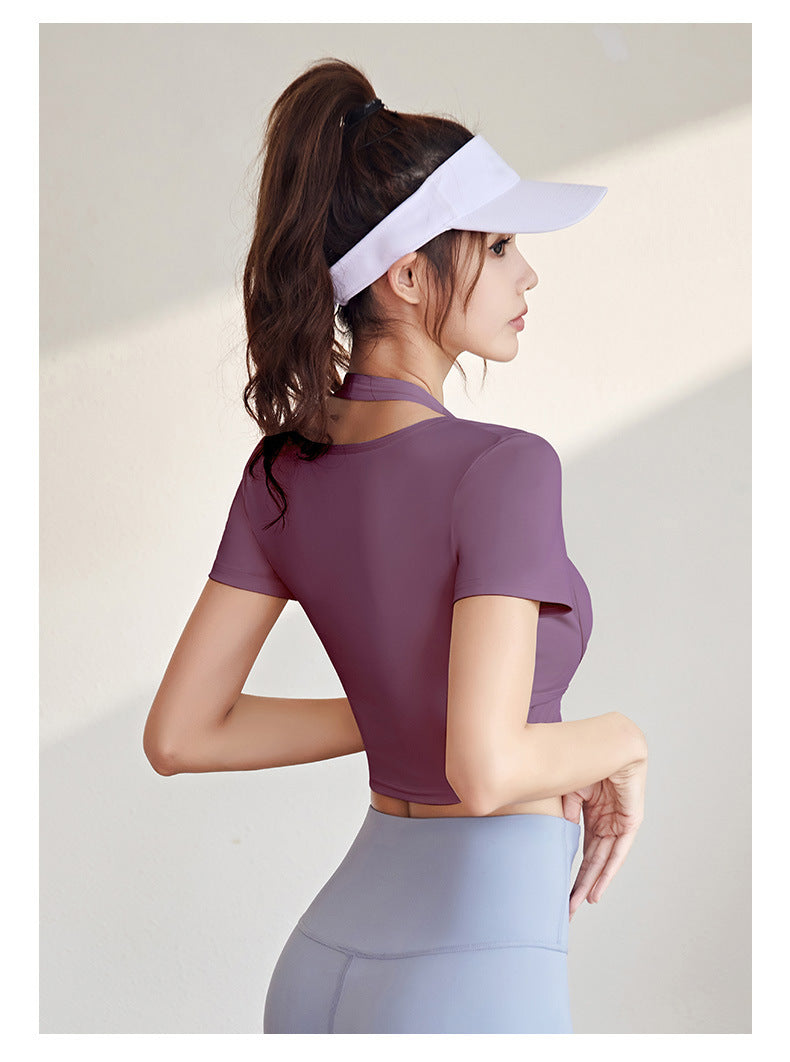 Women's Halter Neck Yoga Short Sleeve – Built-in Bra, Slim Fit Sports Top for Workout & Fitness