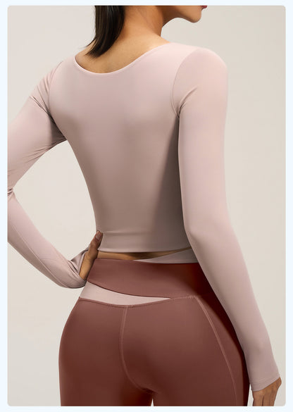 Women's Peach Color Block Long Sleeve Yoga Top, Naked Feel Slim Fit Sports Running Workout Shirt