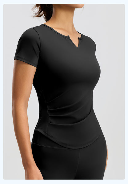 Women's V-Neck Ruched Yoga Short Sleeve – Naked Feel, Quick-Dry, Workout Running Top
