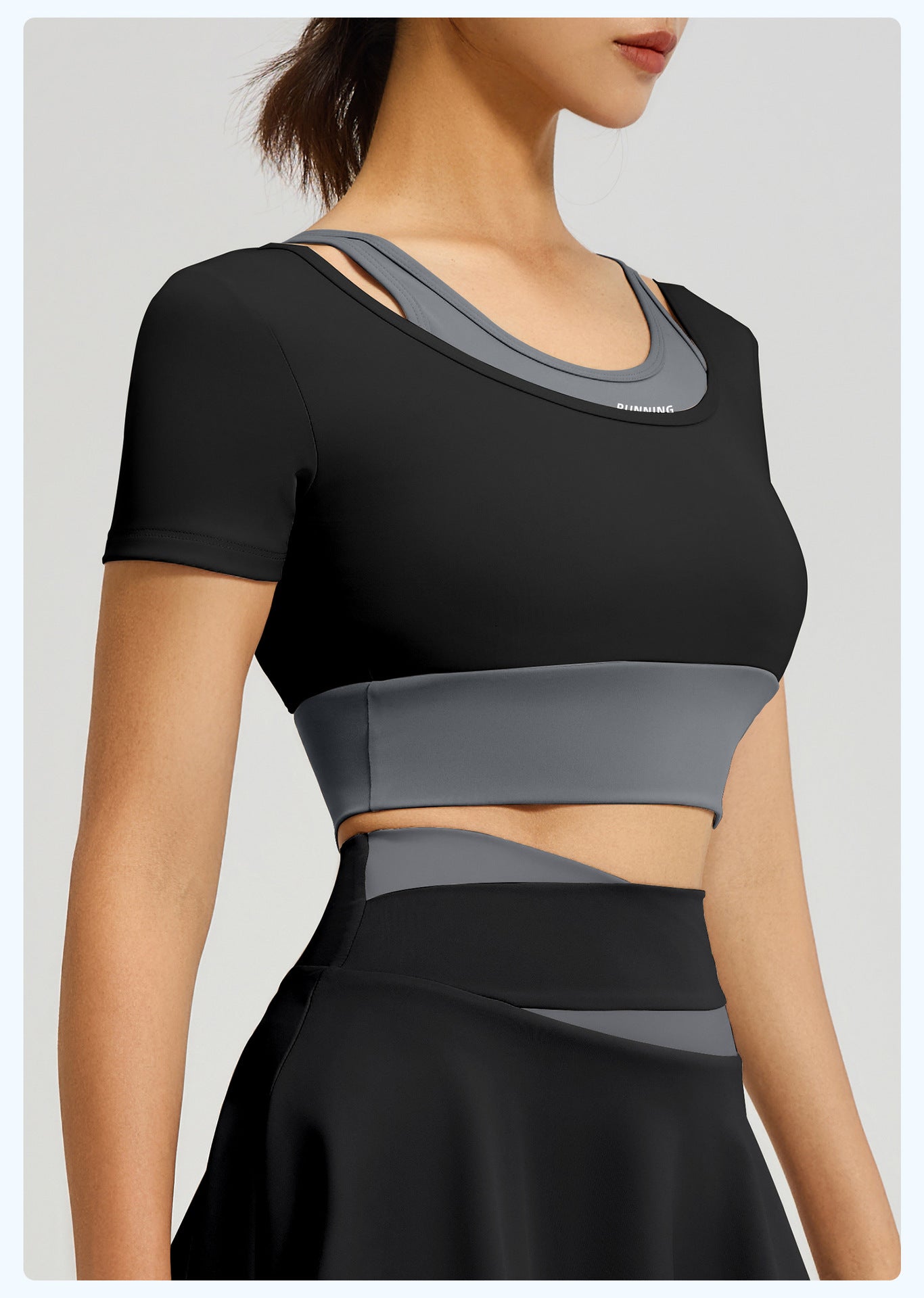 Women's Color Block Fake Two-Piece Yoga Short Sleeve, Breathable Shockproof Sports Top with Built-in Bra Pad, Fitness Workout Training Shirt