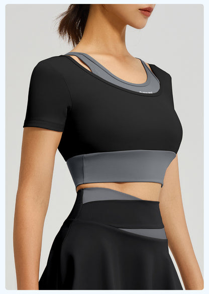 Women's Color Block Fake Two-Piece Yoga Short Sleeve, Breathable Shockproof Sports Top with Built-in Bra Pad, Fitness Workout Training Shirt