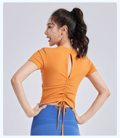 New Drawstring Ruched Yoga Crop Top for Women, Built-in Fixed Chest Pad, Slim Fit Beauty Back Sports Fitness Top