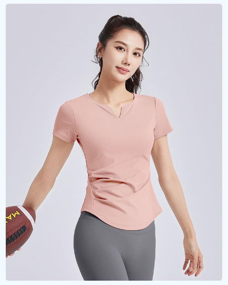 New Summer Women V-Neck Ruched Yoga Short Sleeve Top with Built-in Shelf Bra, Slim Fit Stretch Sports Fitness T-Shirt, Sweat-Wicking Athletic Tee for Running, Gym Training & Daily Active Wear